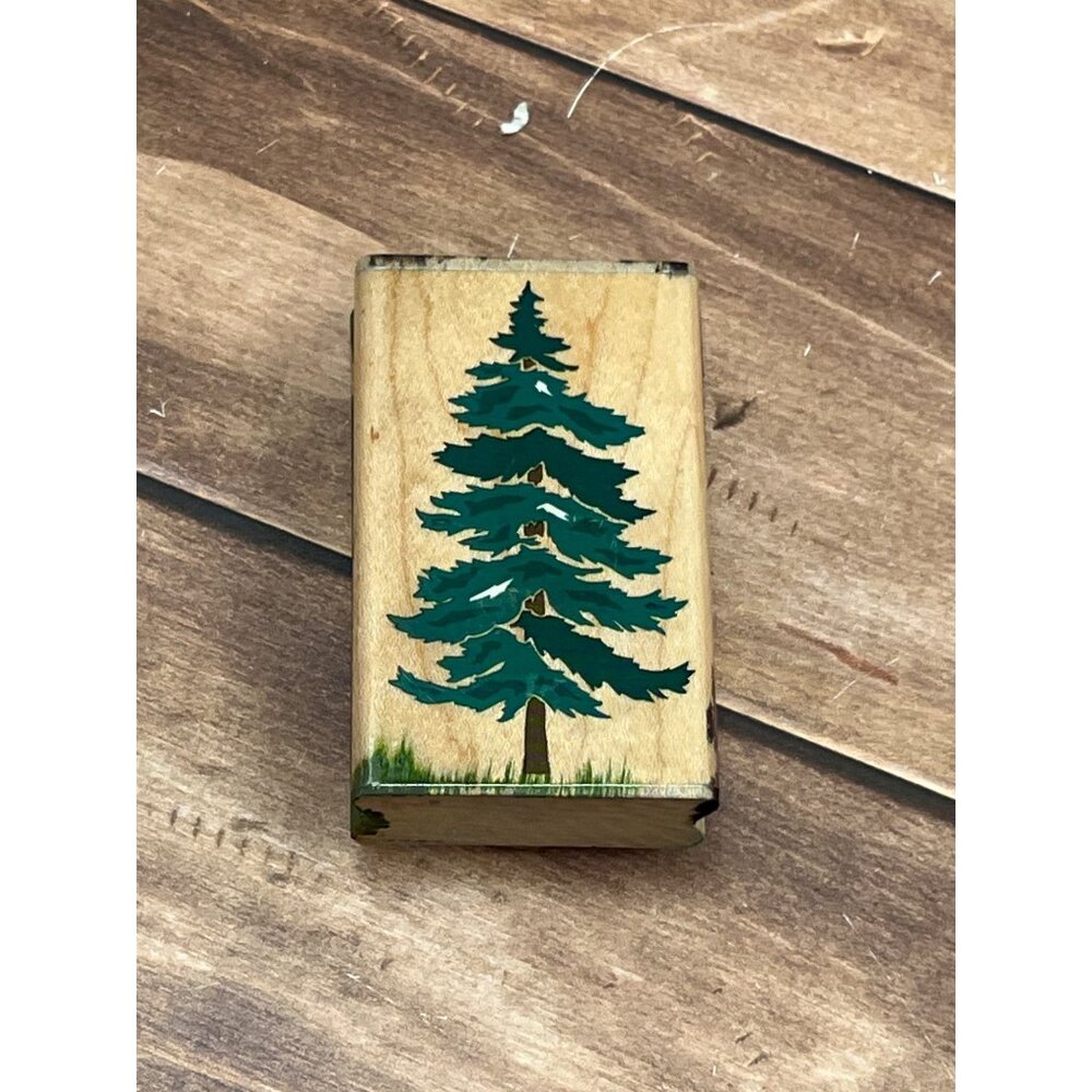 HTF RUBBER STAMPEDE A2411E EVERGREEN PINE WOOD MOUNTED RUBBER STAMP WITH SNOW